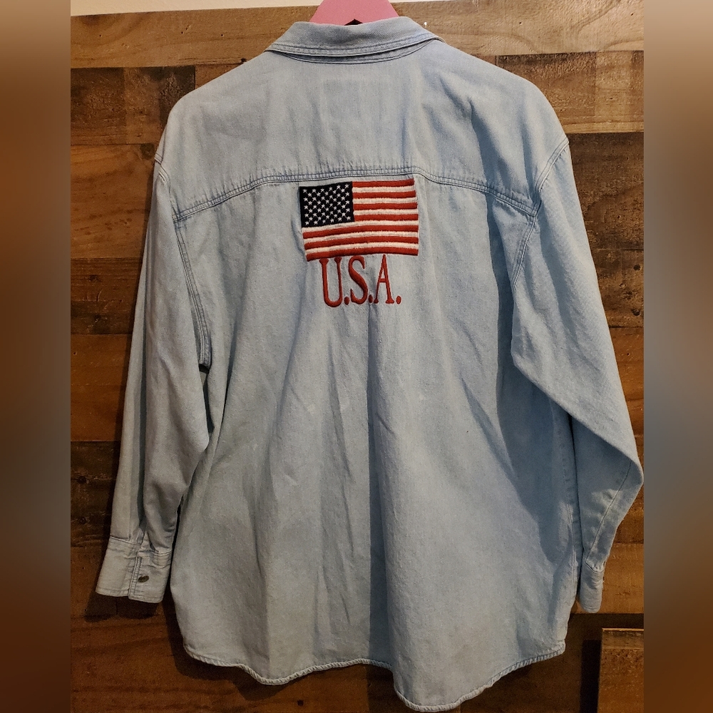 Vtg Red Ridge Mountain Unisex Denim Button Up Shirt US Flag Western Cowboy Sz Lg